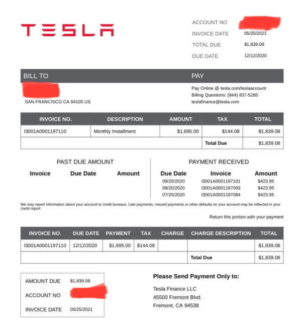 tesla previous owner bill