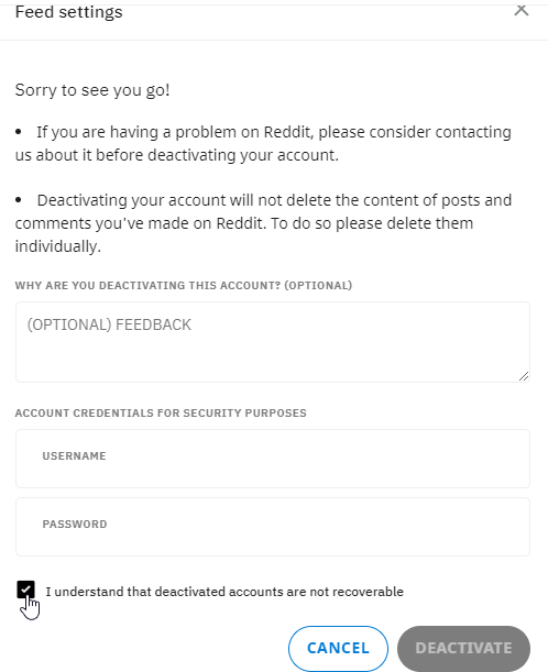 Deactivation form Reddit
