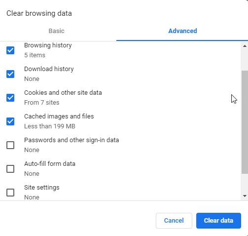 clear browsing data advanced
