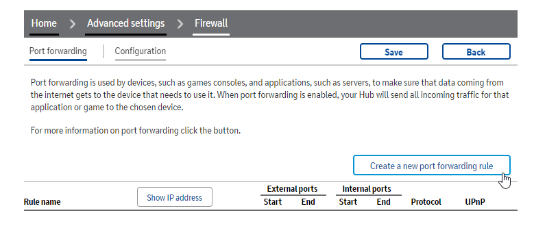 create new port forwarding rule